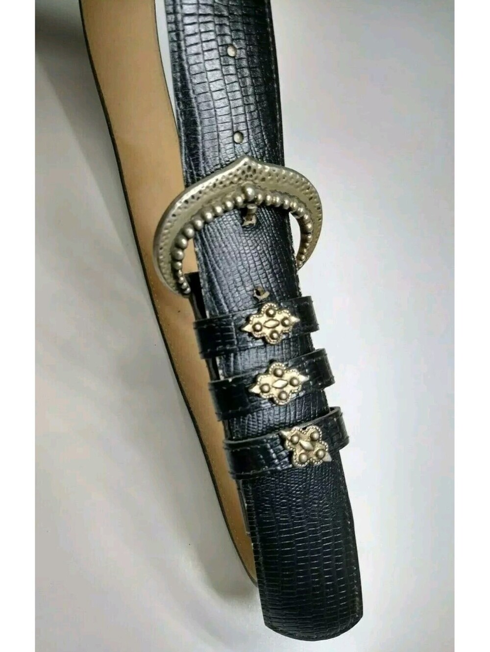 Vintage 90s Grunge Gotti Black Reptile Belt FAUX LEATHER PLEATHER Size S/M 26-28